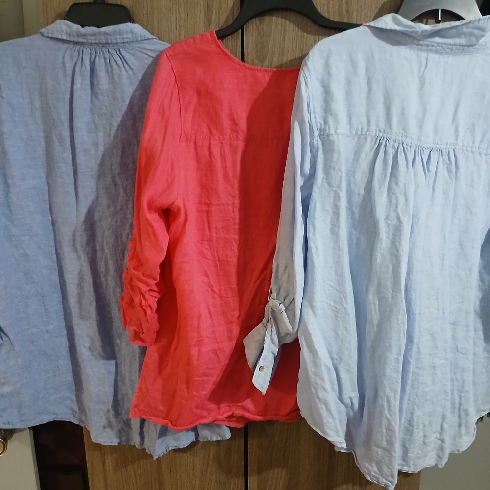 Women's Linen Button-Up Tops - Pink, Blue, and Coral Rolled Up Sleeves - Picture 14 of 14